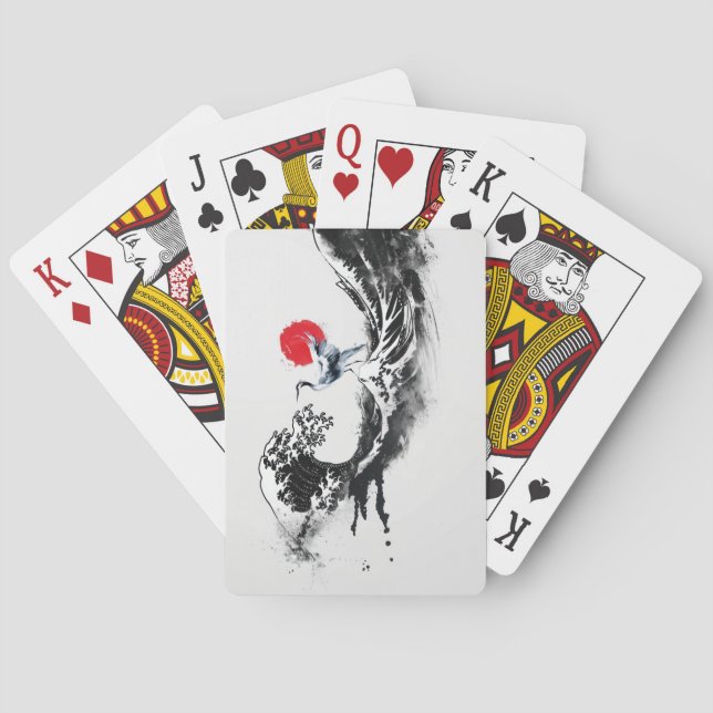 Japanese Wave  , Heron, minimal painting art  Playing Cards (Back)