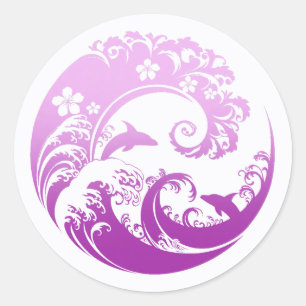 Japanese Wave & Hibiscus Purple Classic Round Sticker