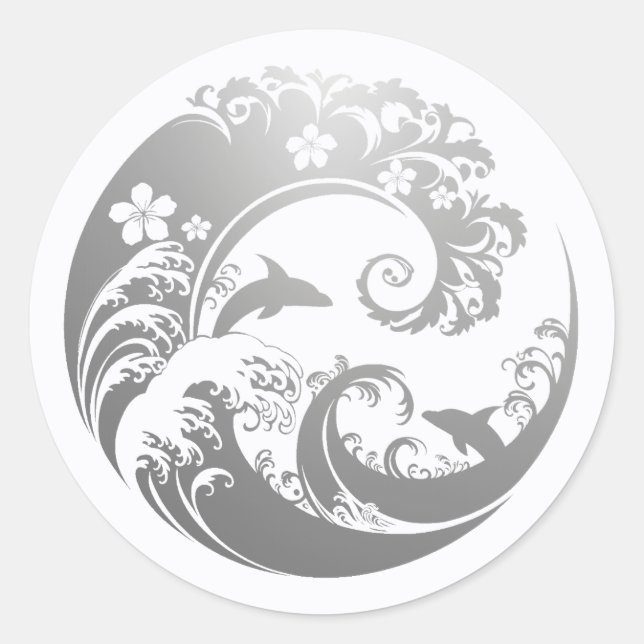 Japanese Wave & Hibiscus Silver Classic Round Sticker (Front)