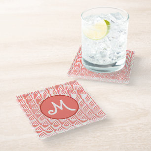 Japanese Wave Pattern and Monogram Glass Coaster