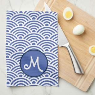 Japanese Wave Pattern and Monogram Tea Towel