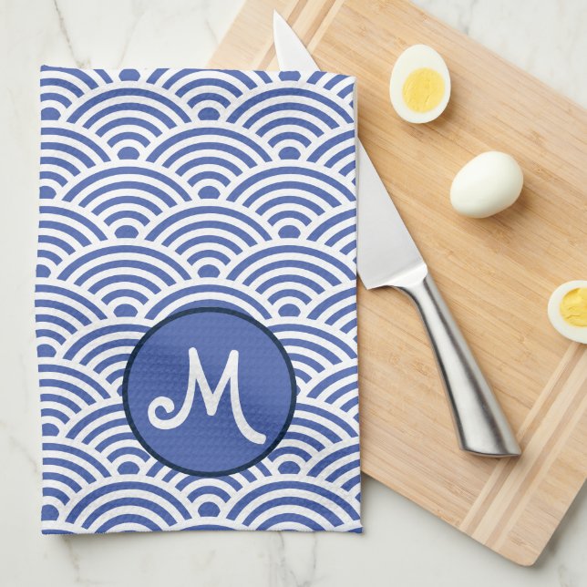 Japanese Wave Pattern and Monogram Tea Towel (Quarter Fold)