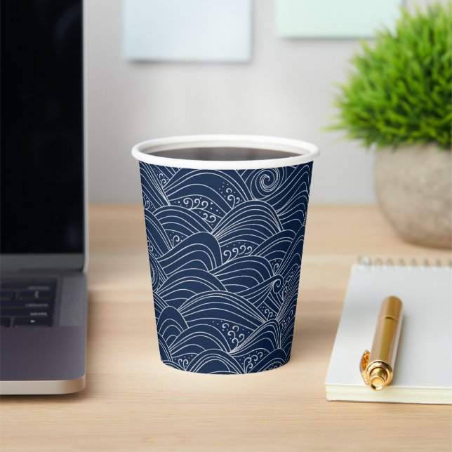 Japanese wave pattern motif dark blue white  paper cups (Insitu)