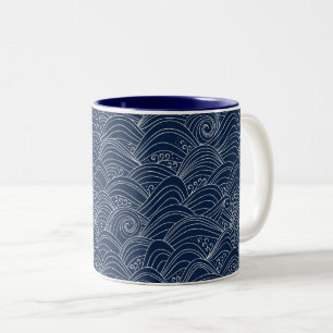 Japanese wave pattern motif dark blue white Two-Tone coffee mug