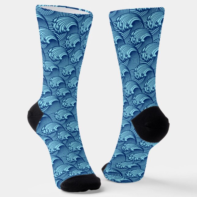 Japanese Wave Pattern Navy and Sky Blue Socks (Angled)