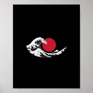 	Japanese Wave Restaurant Logo Red Circle Black  Poster