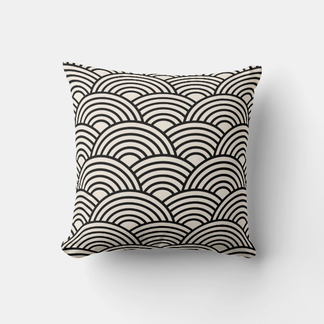 Japanese Wave Seigaiha Black And Cream White Cushion (Front)