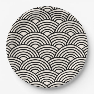 Japanese Wave Seigaiha Black And Cream White Paper Plate