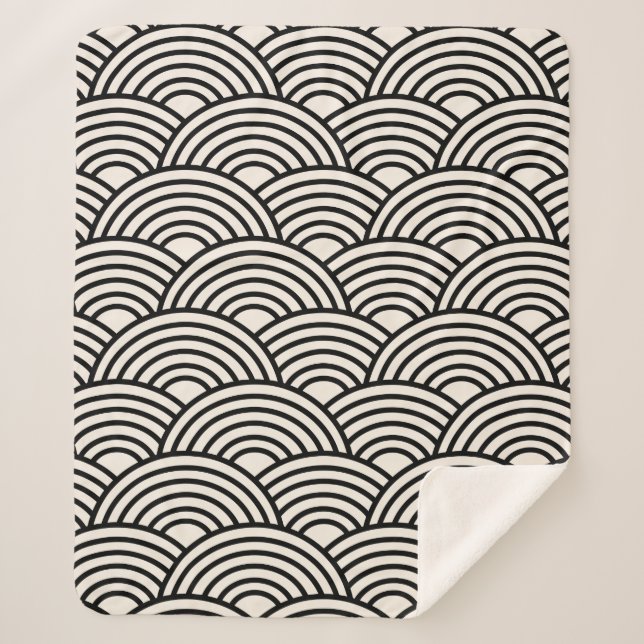 Japanese Wave Seigaiha Black And Cream White Sherpa Blanket (Front)