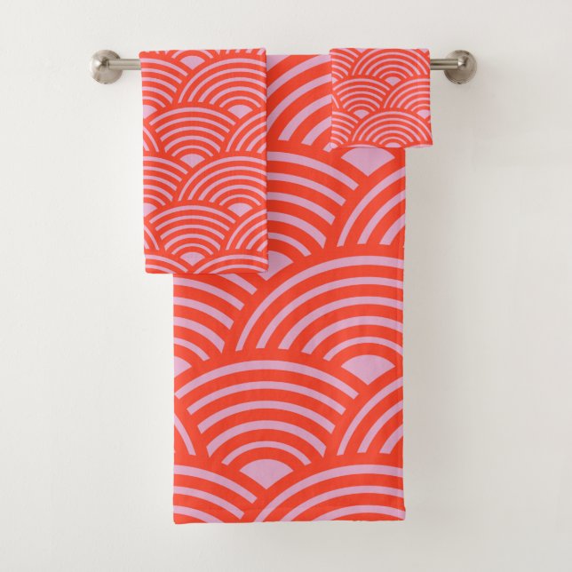 Japanese Wave Seigaiha Pattern Pink Red Bath Towel Set (Insitu)