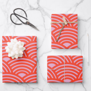 Japanese Wave Seigaiha Pattern Pink Red Wrapping Paper Sheet