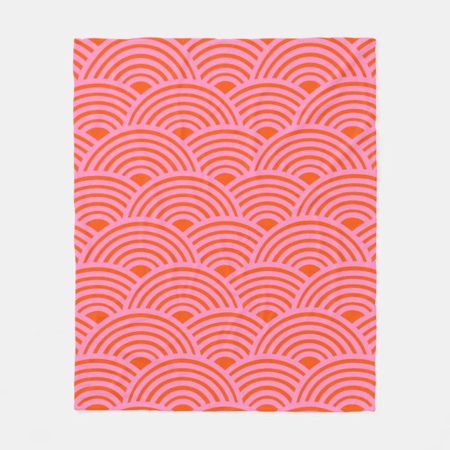 Japanese Wave Seigaiha Pattern Preppy Orange Pink Fleece Blanket (Front)