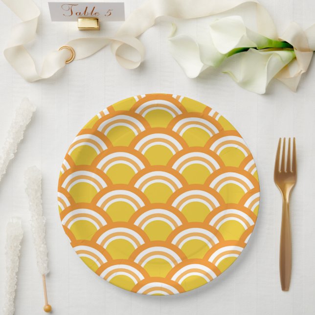 Japanese Wave Seigaiha Yellow Orange Pattern  Paper Plate (Wedding)