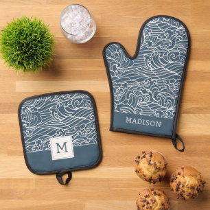 Japanese Wave Style Pattern Oven Mitt & Pot Holder Set