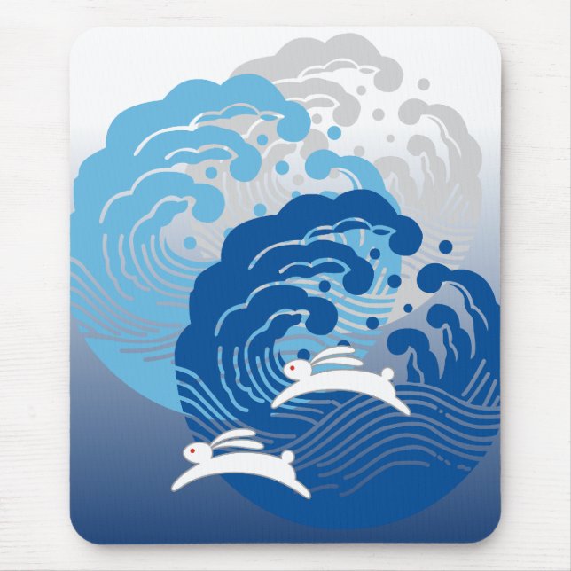 Japanese Wave & White Rabbit Mouse Pad (Front)