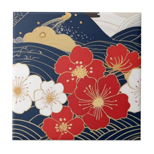 Japanese Waves and Blossoms Ceramic Tile - Piece 1 (Front)