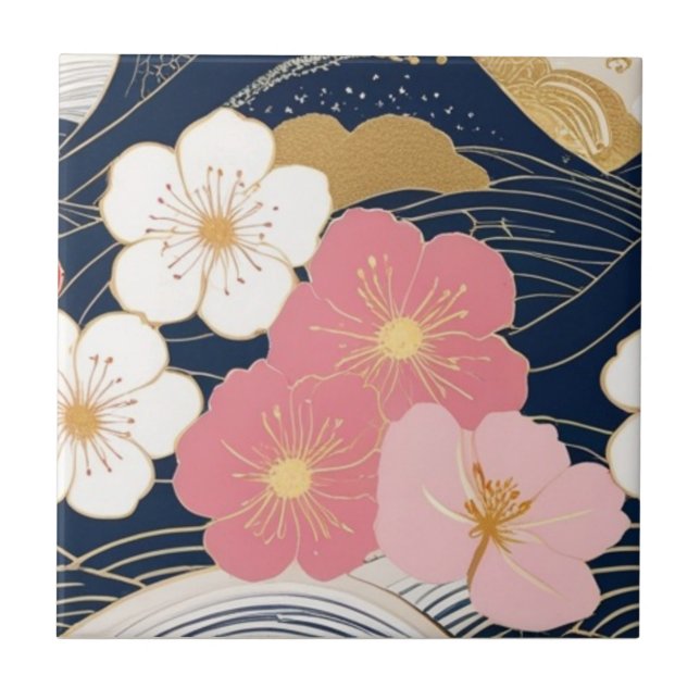 Japanese Waves and Blossoms Ceramic Tile - Piece 3 (Front)