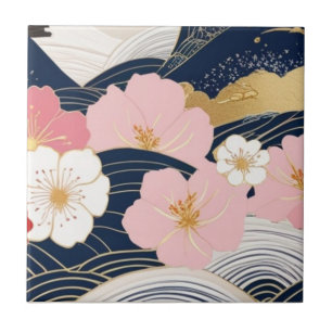 Japanese Waves and Blossoms Ceramic Tile - Piece 7