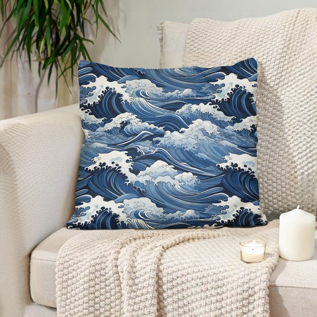Japanese Waves Blue Shades Cushion (Blue and white Japanese waves pillows
)