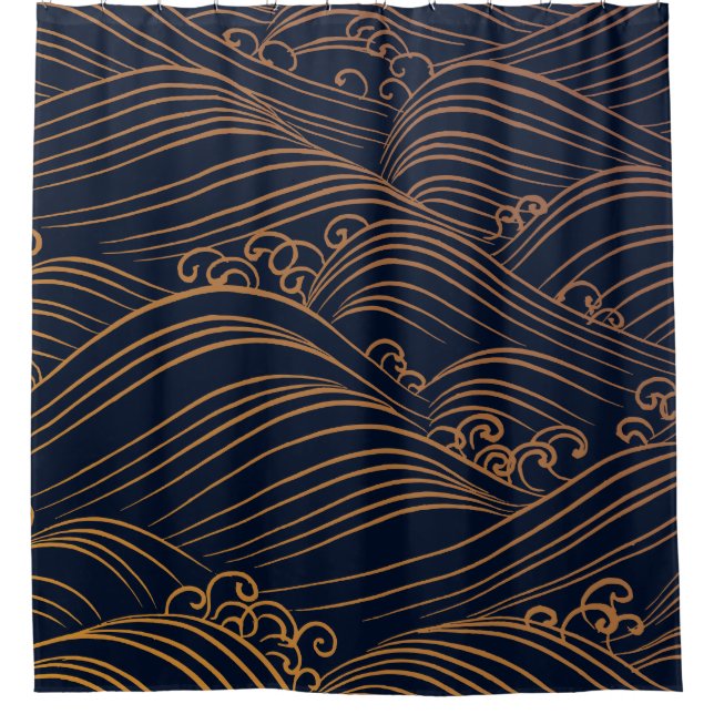 Japanese Waves Pattern Dark Blue and Gold Shower Curtain (Front)