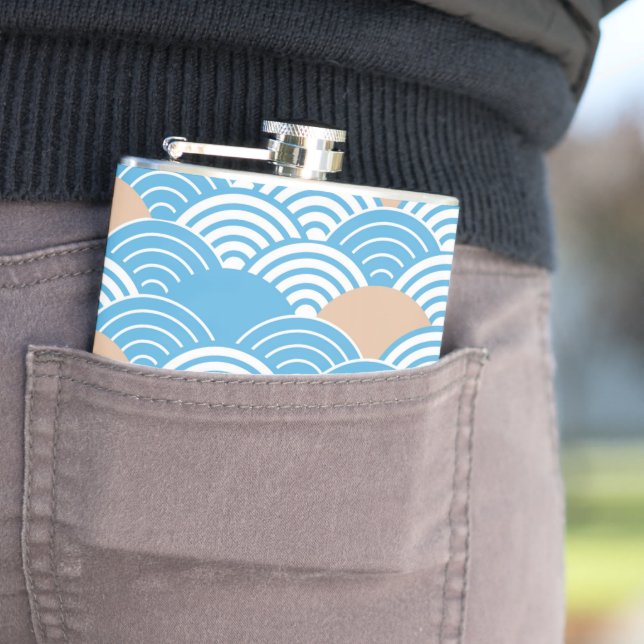 Japanese Waves Pattern Light Blue Beige Monograms Hip Flask (In Situ)