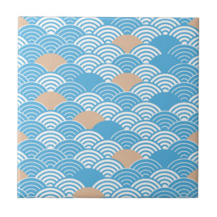 Japanese Waves Pattern Light Blue Beige White Ceramic Tile