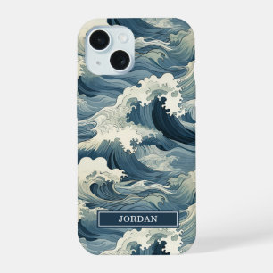 Japanese Waves Pattern Monogrammed iPhone 15 Case