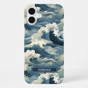Japanese Waves Pattern Monogrammed iPhone 16 Plus Case