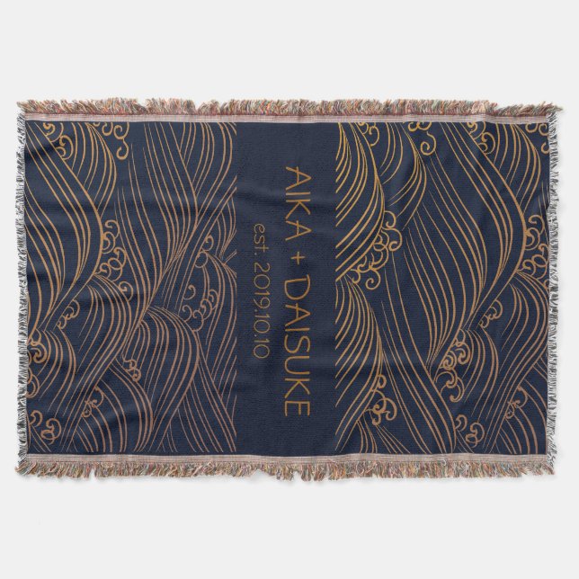 Japanese Waves Pattern Personalised Wedding Gift Throw Blanket (Front)