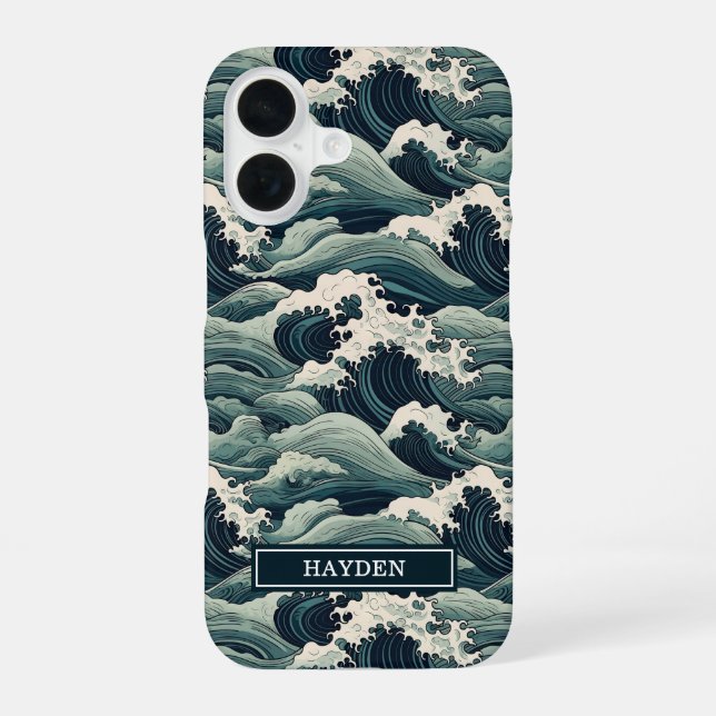 Japanese Waves Print Monogrammed iPhone 16 Case (Back)