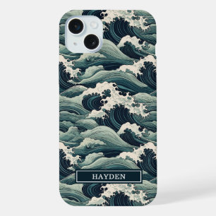 Japanese Waves Print Monogrammed iPhone 15 Plus Case