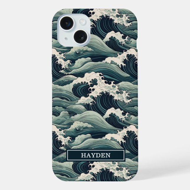 Japanese Waves Print Monogrammed iPhone Case (Back)