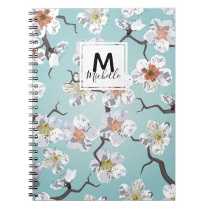 Japanese White Cherry Blossom Monogram Stationery Notebook