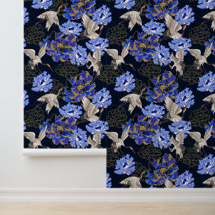 Japanese White Cranes Blue Gold Chrysanthemum Wallpaper