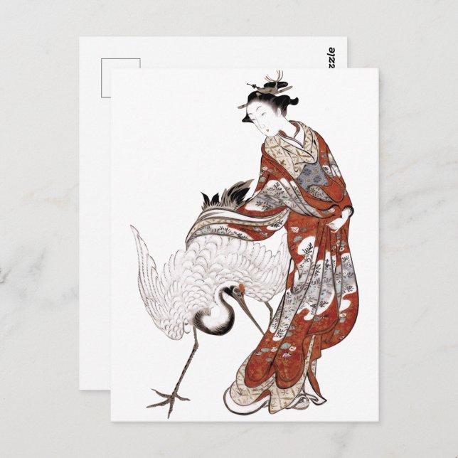 Japanese woman and crane (18th century) postcard (Front/Back)