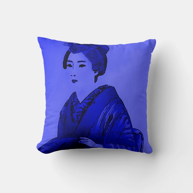 Japanese Woman Blue Pop Art Plush Throw Pillow (Front)