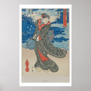 Japanese woman by the sea (colour woodblock print) poster