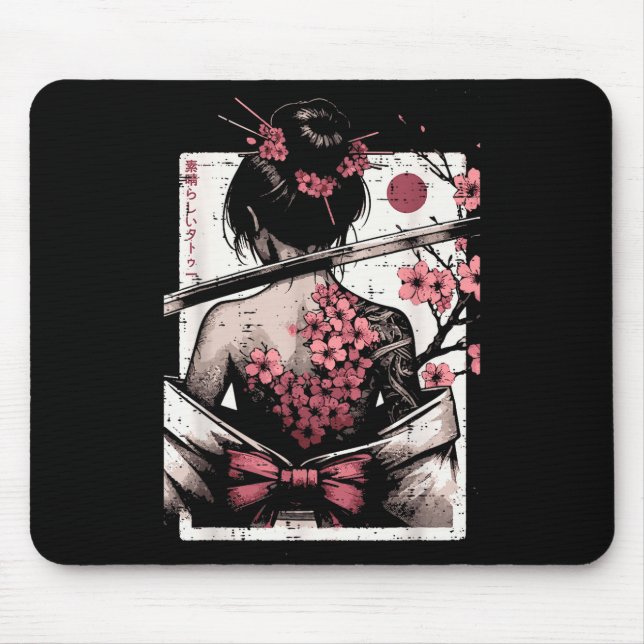 Japanese Woman Cherry Blossom Tattoo Art Geisha Wo Mouse Pad (Front)