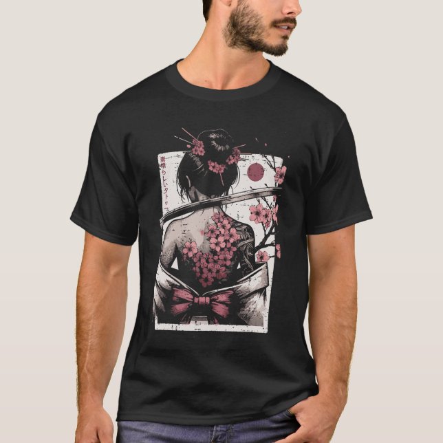Japanese Woman Cherry Blossomattoo Art Geisha Wome T-Shirt (Front)