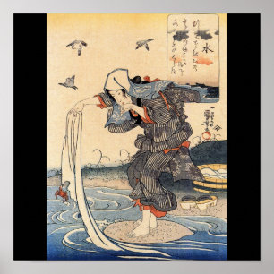Japanese Woman doing laundry in river c. 1800's Poster