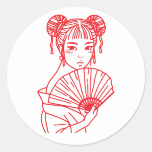 Japanese Woman Hand Fan Line Art Minimalistic Classic Round Sticker