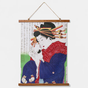 Japanese Woman Holding a Cat, Tsukioka Yoshitoshi Hanging Tapestry