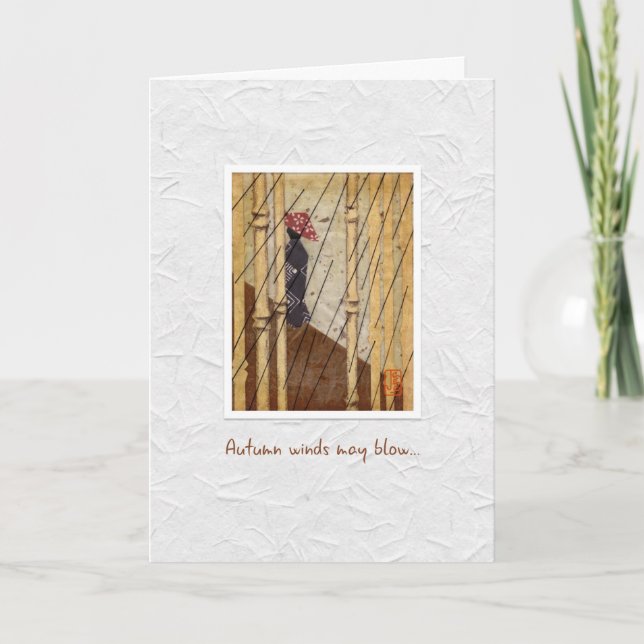 Japanese Woman in Rain "Autumn Winds" Friendship Card (Front)