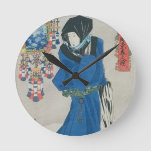 Japanese Woman in the Snow (colour woodblock print Round Clock