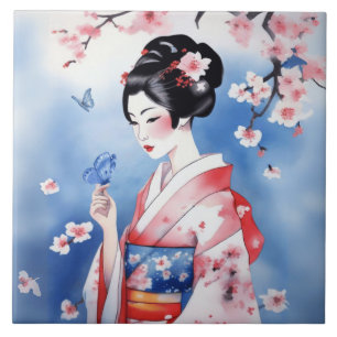 Japanese Woman with a Blue Butterfly Ceramic Tile