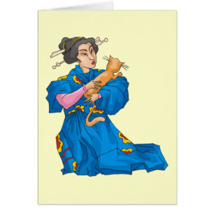 Japanese Woman With Cat  Card - Customisable