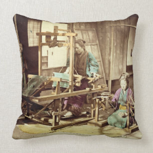 Japanese women weaving, c.1890 (hand-coloured phot cushion