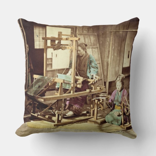 Japanese women weaving, c.1890 (hand-coloured phot cushion (Front)