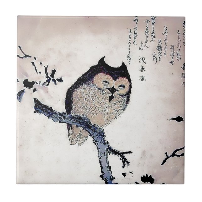 Japanese Woodblock Art Owl Print Ceramic Tile (Front)