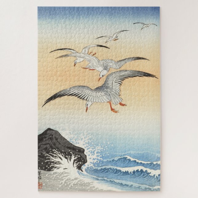 Japanese Woodblock Art Print Seagulls Over the Sea Jigsaw Puzzle (Vertical)